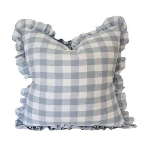 Ruffled Blue & White Linen Cushion Cover